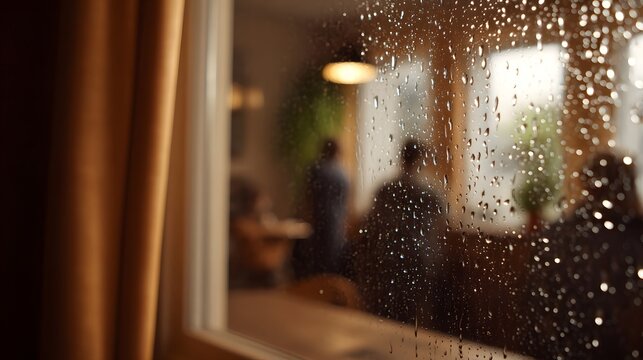 Rainy day viewed through a wet window pane into a cozy blurred interior with people