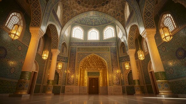 Serene golden-lit mosque interior with intricate Islamic tilework and ornate arches in stunning detail