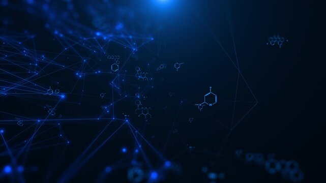 Abstract Technology Chemical Molecule Symbols Wiggle System Monitoring Display. Network Line Connection Digital Data Copy Space 4K Motion Background.