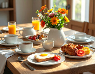 Fototapeta premium Breakfast table with coffee and fresh fruit