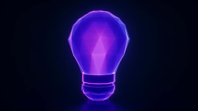 Futuristic glowing polygonal lightbulb radiating a neon violet and blue luminescent light