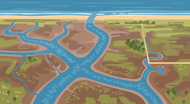 Illustrative aerial perspective of a dynamic coastal ecosystem featuring meandering river channels, lush marshlands, a golden beach, and the