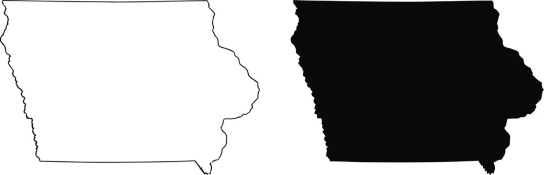 A simple outline and a solid black filled silhouette map of the us state of iowa on white background Vector