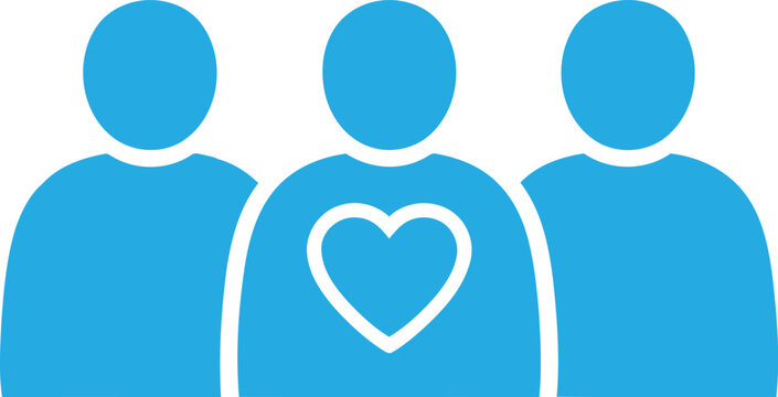 A minimalist blue icon representing a group of three people with a central heart symbol design Vector