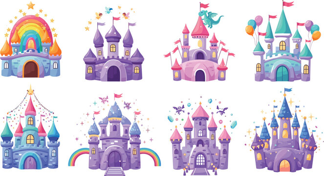Fantasy Fairy Tale Castle Collection Vector Illustration Set Featuring Magical Palaces, Rainbow Castles, Princess Kingdoms and Whimsical Dreamland Architecture Designs