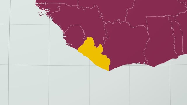 Liberia map. Animated zoom into the country on the Globe in Pale Mint Dark Pink color palette. Country logo animation with round text and airplanes. Map with meridians, parallels. Vibrant video.