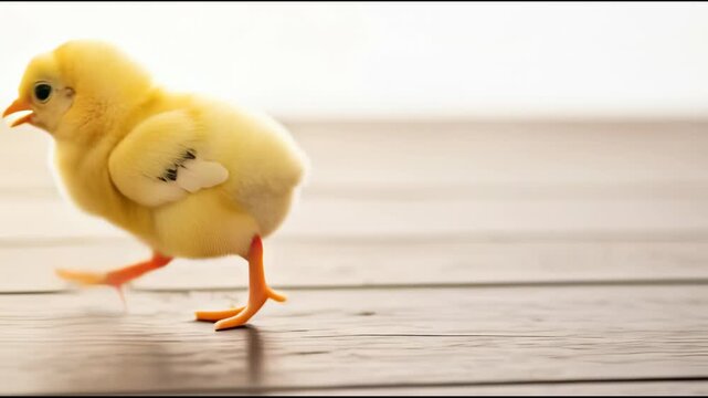 Small yellow chick on wooden floor.