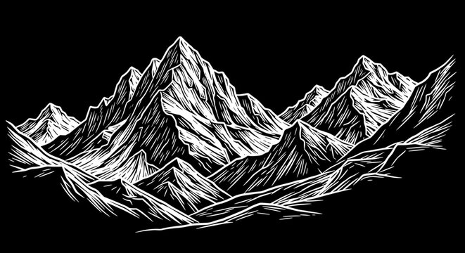 Monochromatic ink painting depicting rugged mountains with sharp peaks against a stark black background, showcasing detailed line work and dramatic contrast