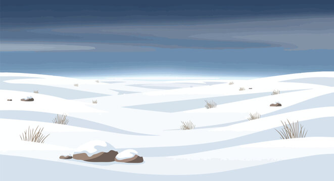 Expansive winter landscape with undulating snowfields and scattered hardy plants under a twilight blue sky