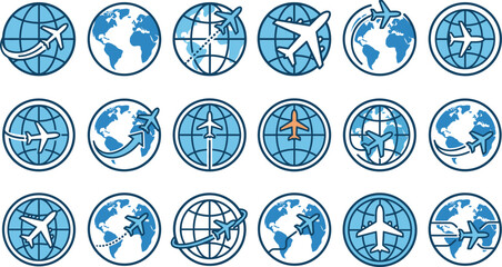 Global Air Travel Icon Set with Airplane and Globe Symbols for Aviation, Tourism, Flight Routes and International Transportation Concepts © Romana