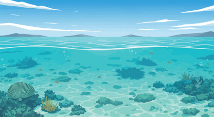Fototapeta premium Vibrant Underwater Seascape Illustration with Coral Reef and Distant Islands under a Clear Sky