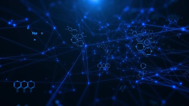 Abstract blue chemical futuristic structural health care formulas. Science geometric network cyberspace 4K motion background.