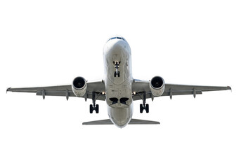Fototapeta premium Front view of a passenger airplane flying and landing isolated on transparent background the plane is in the air, ready to land at the airport