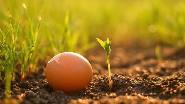 Close up of a single brown egg on earth with green grass background