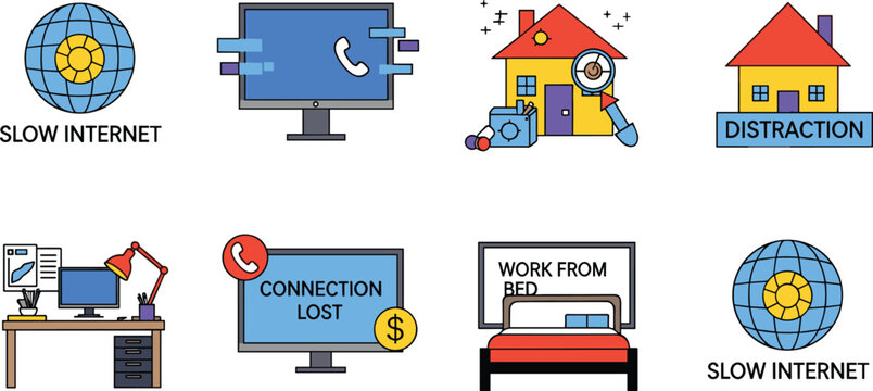 Remote Work Problems and Challenges Icon Set Featuring Slow Internet Connection Lost Distraction and Work From Bed Symbols for Freelance and Home Office Designs
