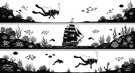 Underwater, ocean, silhouette, set, diver, scuba, ship, coral, reef, sea, life, fish, dolphin, anchor, marine, nature, banner, landscape, vector, illustration. © "Hello"