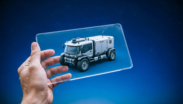 Hand holding a tablet projecting a 3D AI Unmanned Ground Vehicle for baggage handling.