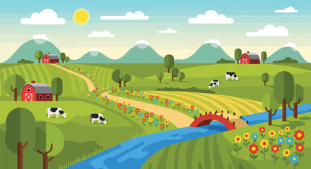Fototapeta premium Vibrant flat design farm panorama with green hills, red barns, grazing cows, river, bridge, and flowers.