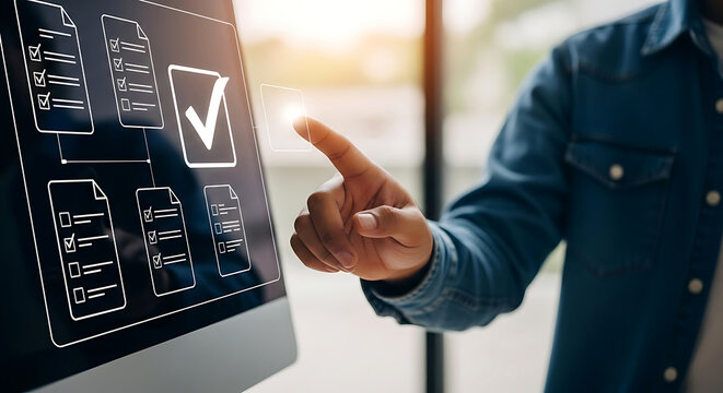 A person interacting with a digital checklist on a screen