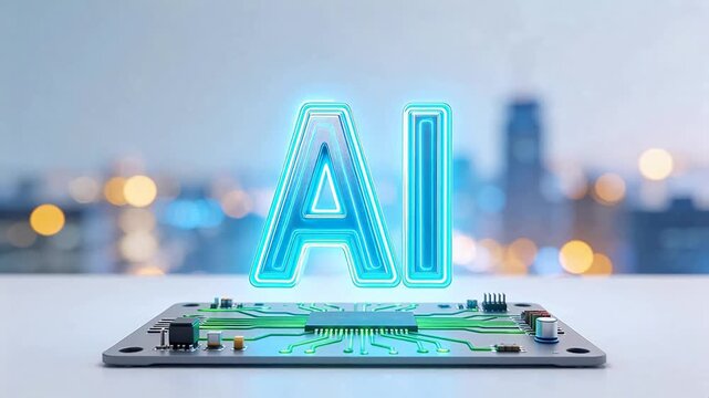 AI circuit board with glowing letters