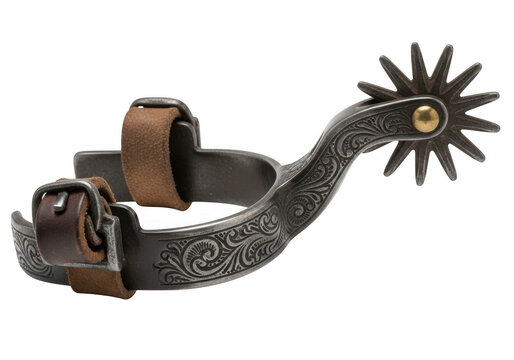 Closeup of a silver cowboy spur with brown leather straps isolated on transparent background, showcasing intricate design and western heritage