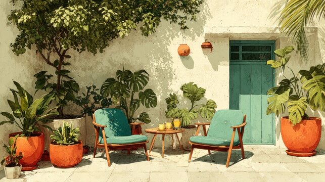 Sunny patio scene with teal chairs, lush plants, and a small table