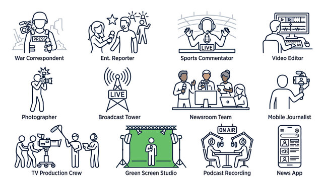 Collection of line icons depicting various roles, equipment, and settings in news, media, and broadcasting industry.