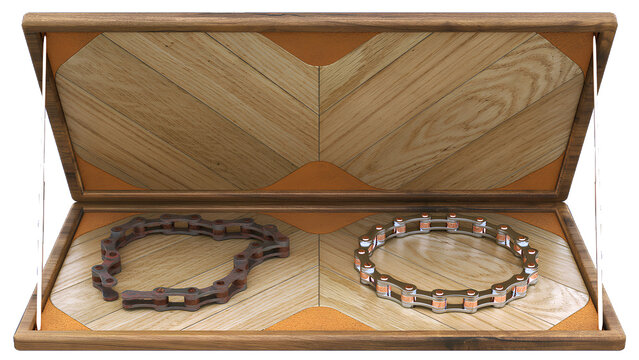 rusty and clean chain bracelet with wooden plate