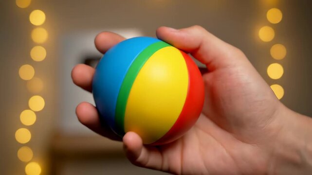 Close-Up of Hand Squeezing Colorful Stress Ball with Soft Bokeh Lights Background, Anxiety Relief and Relaxation Concept