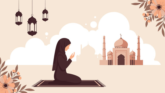 Peaceful illustration of a muslim woman in a hijab praying on a mat with a mosque silhouette in the soft background.