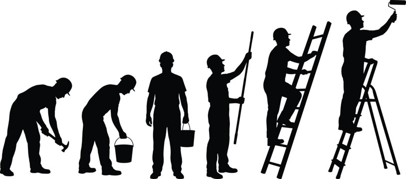 Construction workers silhouette collection set featuring professional builders painters and repairmen using ladders hammers and rollers for industrial building vector