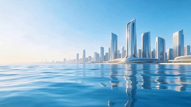Futuristic waterfront city skyline
