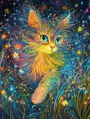 Fototapeta premium A whimsical cat with fluffy rainbow fur that sparkles as it pounces through a magical meadow