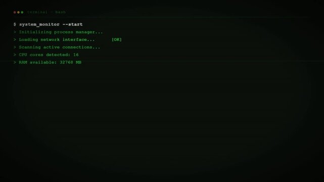 Computer terminal running system diagnostics and bash command line interface with green text logs.