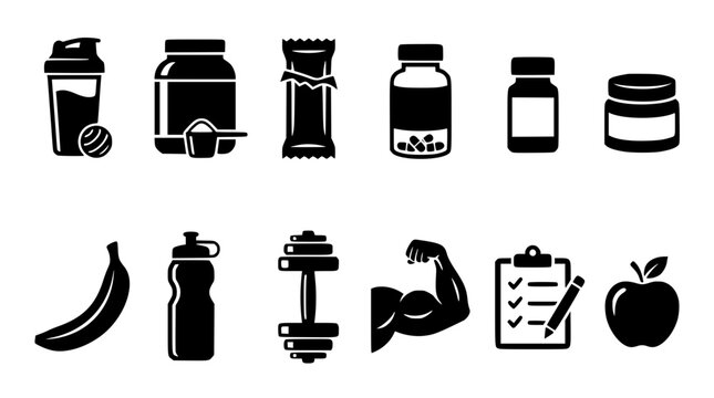 Vector graphic illustration of fitness and nutrition icons