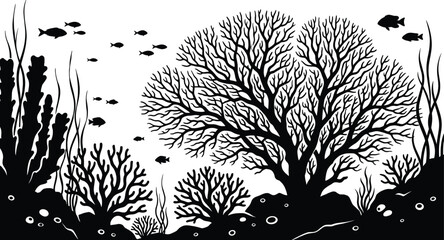 Black silhouette of an underwater coral reef scene with sea plants tropical fish and seaweed for marine life nature decoration © Mou