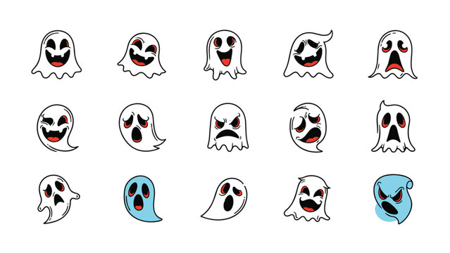Assortment of cartoon ghost characters with various spooky and funny expressions including some with blue highlights and red eyes.