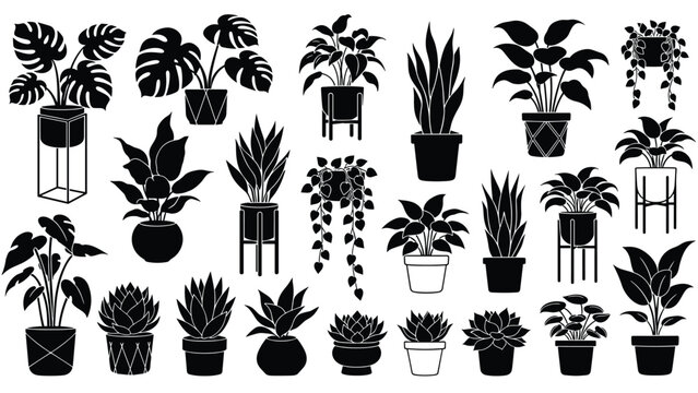Wide variety of indoor plant silhouettes featuring different foliage types, pot styles, and stands for interior design visualization.