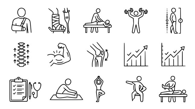 Vector graphic illustration of physical therapy and rehabilitation icons set