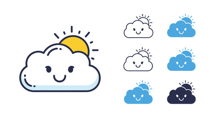 Obraz premium Collection of cute smiling weather icons featuring sun peaking from behind a cloud in various color and line styles.