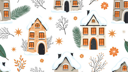Fototapeta premium Winter themed seamless pattern with snow covered houses, pine branches, stars, and dried flowers on a white background.