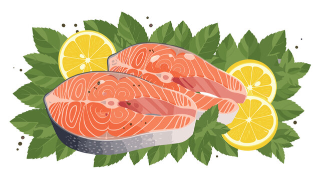 Two fresh raw salmon steaks presented on a bed of green basil leaves and surrounded by lemon slices and peppercorns.