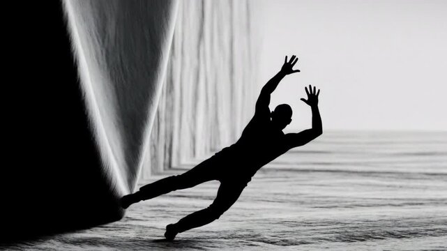 Shadow drifts away. Solitary figure moves swiftly. Lone shape glides over textured surfaces smoothly. Tense image of solitary figure confronting instability and resilience