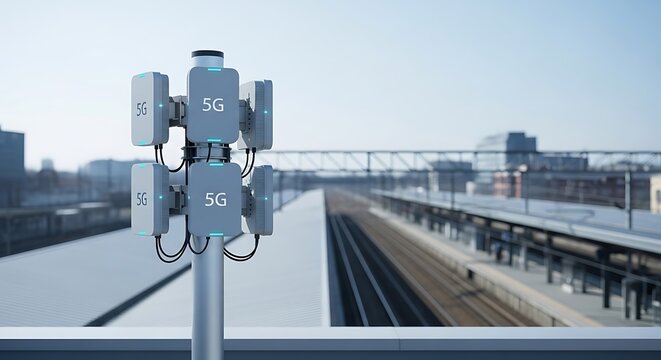 5G Small Cell Antenna on Rooftop Overlooking Train Tracks.