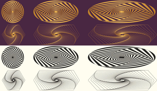 circules and polygons spiral geometric in black and gold on cream and dark backgrounds