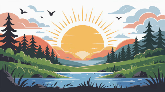 Stylized sunrise over a calm river valley with pine trees and birds flying, landscape illustration
