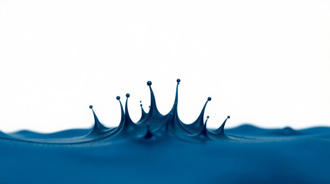 Deep blue liquid surface with a crown-shaped splash from droplet impact, sharp upward jets holding tiny beads, pure whit