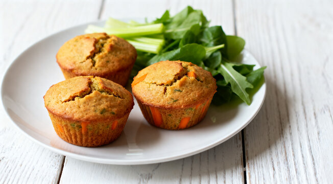 Freshly baked carrot muffins with assorted vegetables on a white plate on white wooden table.