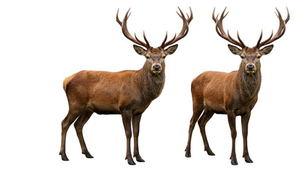 Obraz premium Two majestic red deer stags with large antlers standing and looking forward, showcasing their impressive size and natural beauty for wildlife and nature themes isolated PNG with Transparent