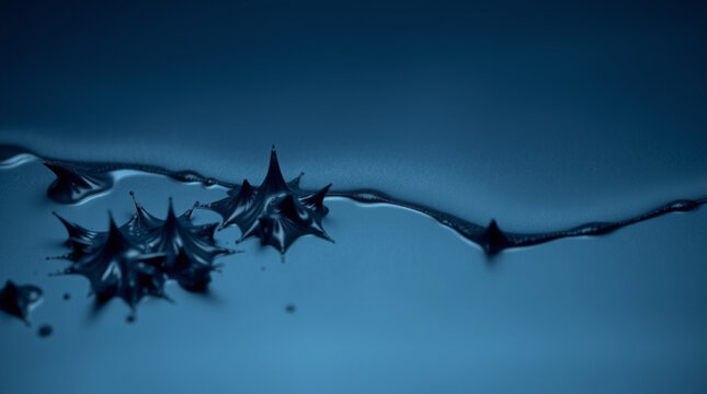 Deep blue liquid surface with sharp splashes forming crystal-like or anemone structures, interwoven light and shadow cre